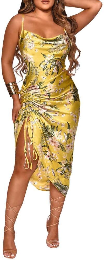 Sexy Club Dress for Women - Satin Side Ruched Midi Mini Dress