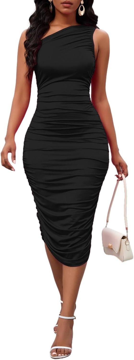 Women's Sexy One Shoulder Midi Dress for Parties and Weddings