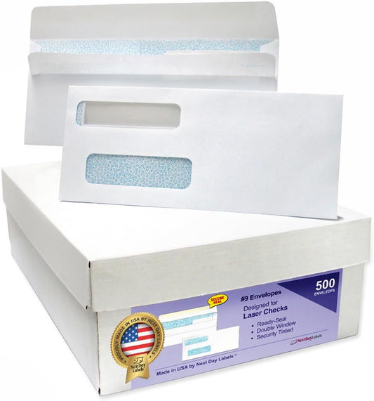 NextDayLabels #9 Double Window Check Envelopes for Secure Sealing