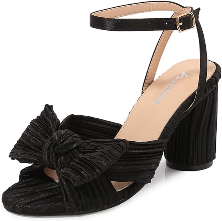 Amoji Women's Satin Block Heeled Sandal with Bowknot Design
