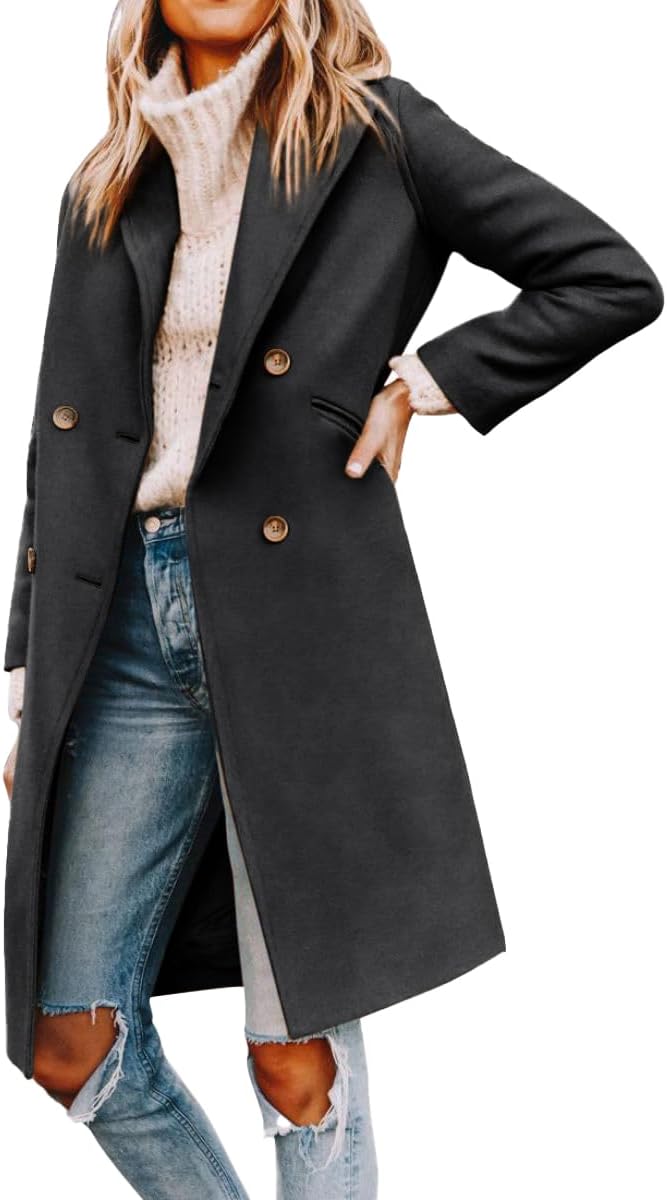 Yousify Womens Notched Lapel Collar Double Breasted Pea Coat
