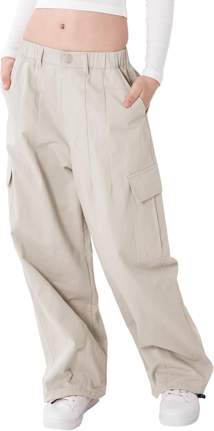 Rolanko Girls Cargo Pants Wide Leg Trendy Jogger Trousers