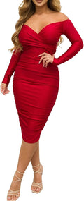 Rodawu Women's Sexy Deep V Neck Off Shoulder Midi Dress
