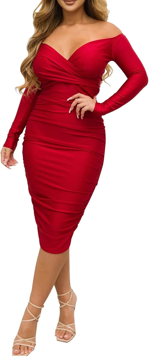 Rodawu Women's Sexy Deep V Neck Off Shoulder Midi Dress