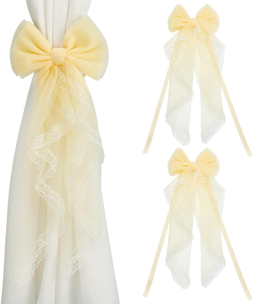 Lemon Lace Bow Curtain Tiebacks Set - Elegant Drapery Holdbacks