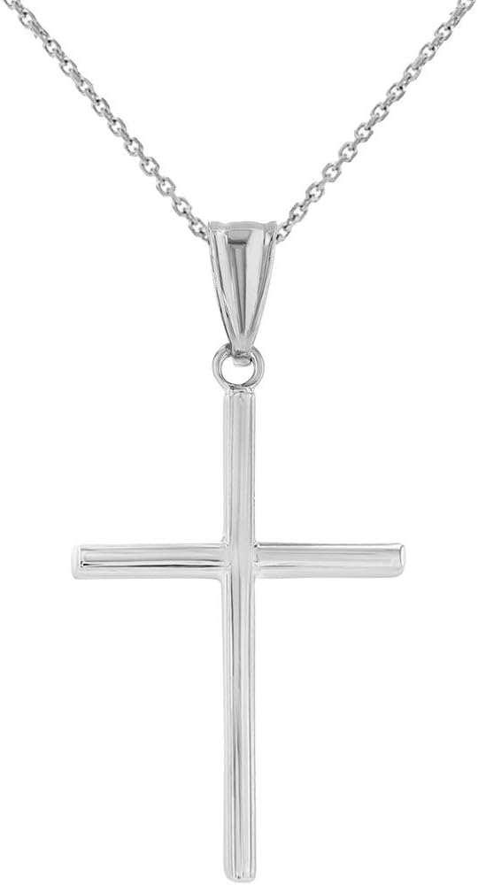High Polished 14K White Gold Slender Cross Pendant Necklace