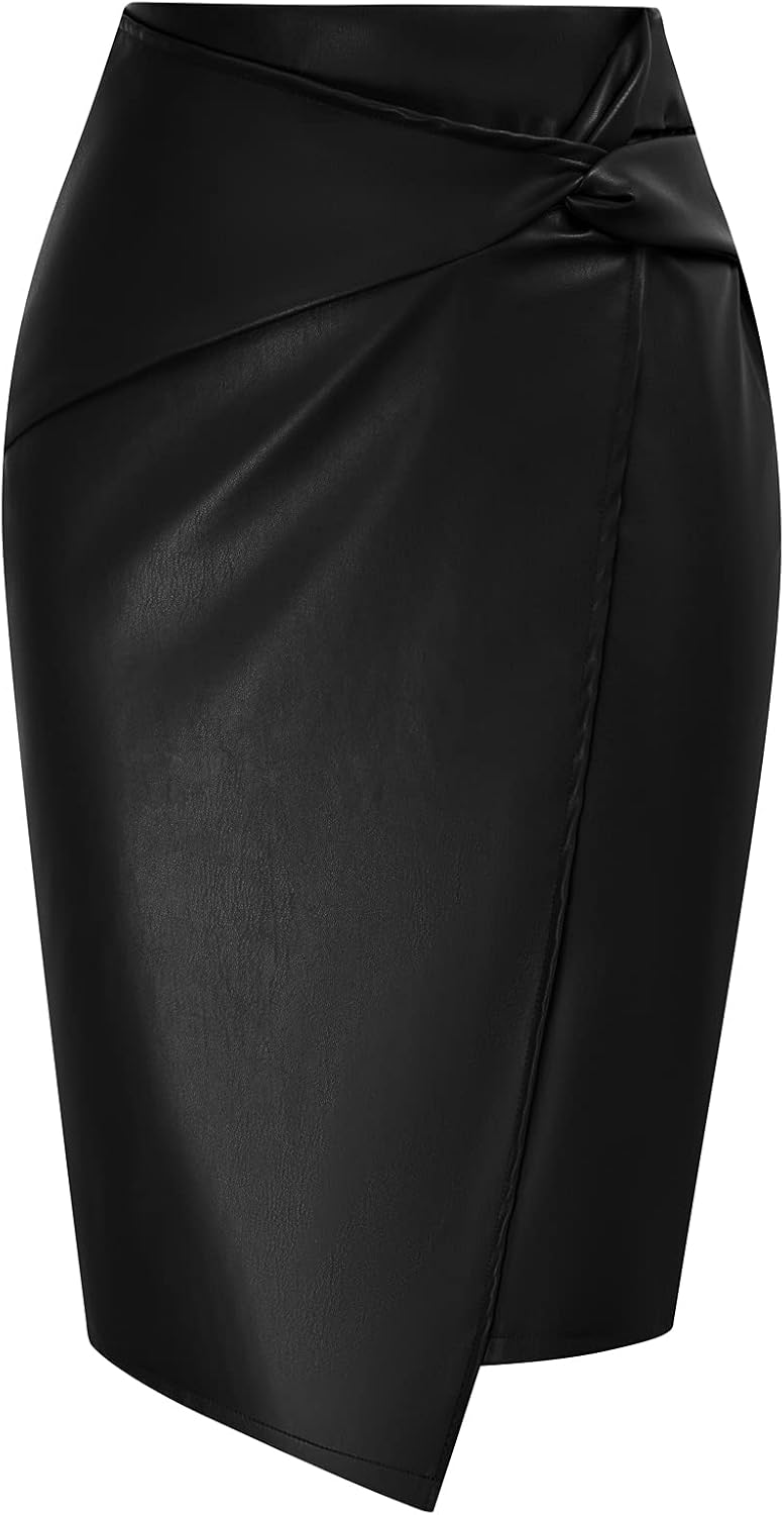 Faux Leather High Waist Wrap Knit Bodycon Midi Skirt Review