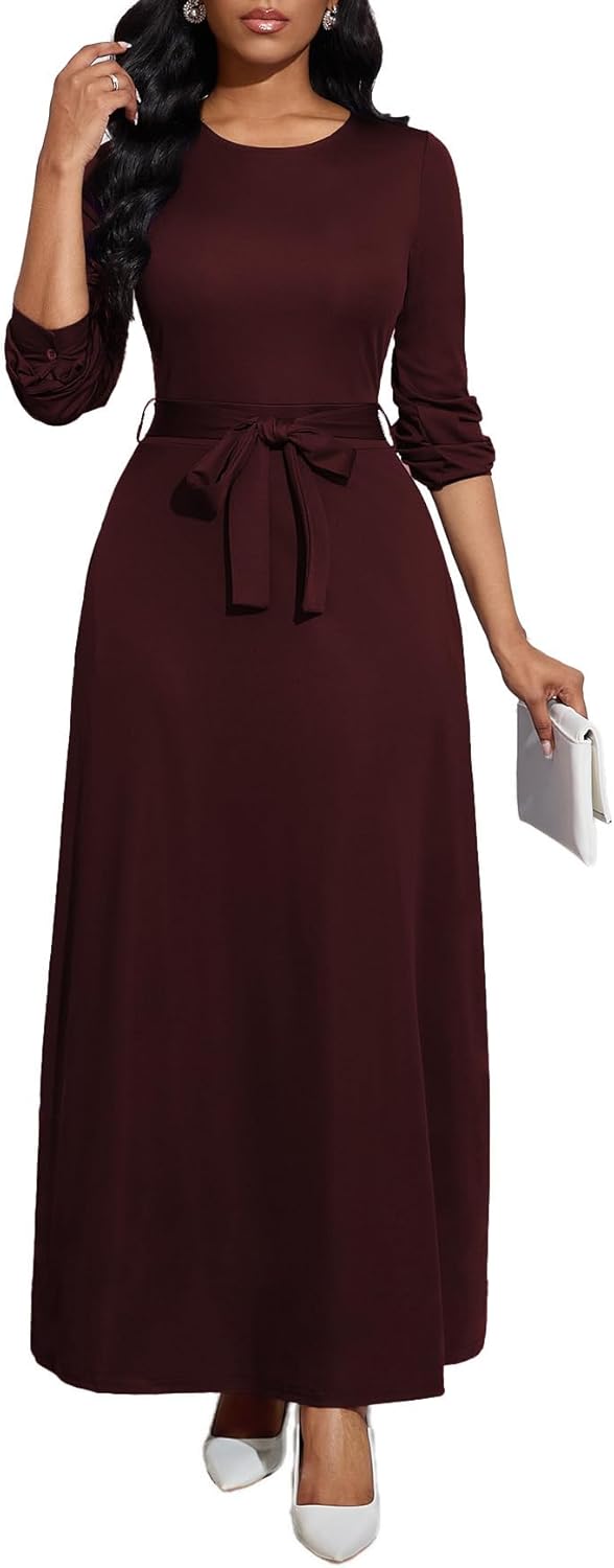 Long Dress for Women Casual Long Sleeve Maxi Dress with Belt