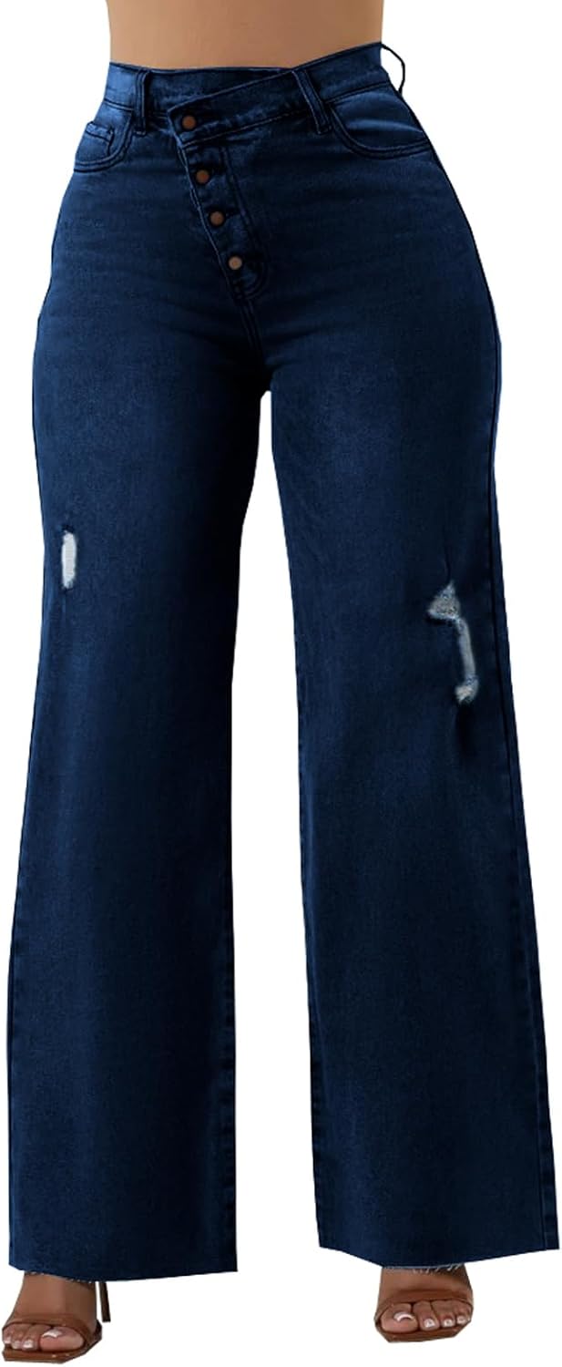 Women's Wide Leg Straight Jeans High Waisted Baggy Stretch Denim