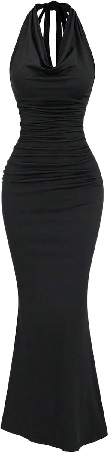 GORGLITTER Women's Cowl Halter Tie Neck Backless Maxi Dress
