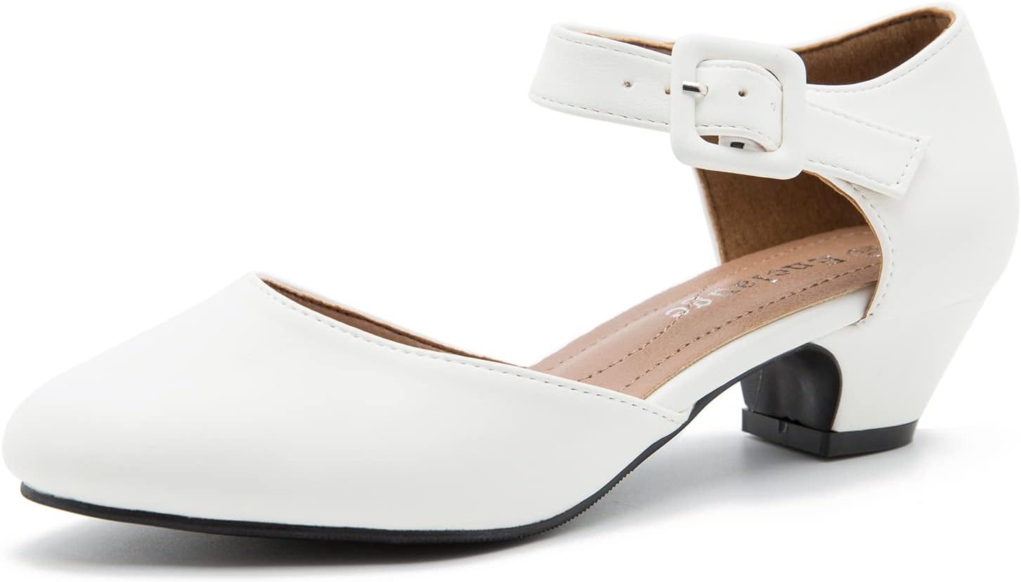 Enelauge Women's Ankle Strap Closed Toe Low Chunky Heel Pumps