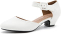 Women's White Ankle Strap Low Chunky Heel Pumps - Comfortable 4cm