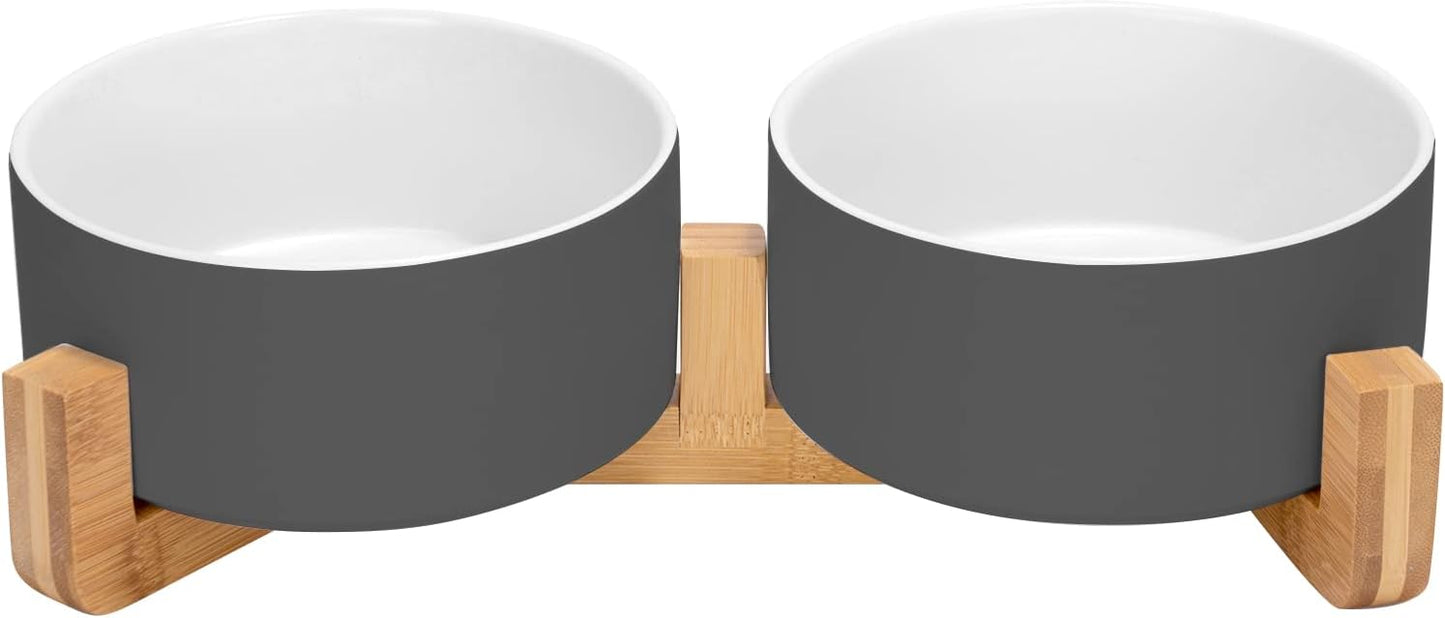 SPUNKYJUNKY Ceramic Dog and Cat Bowl Set with Wooden Stand