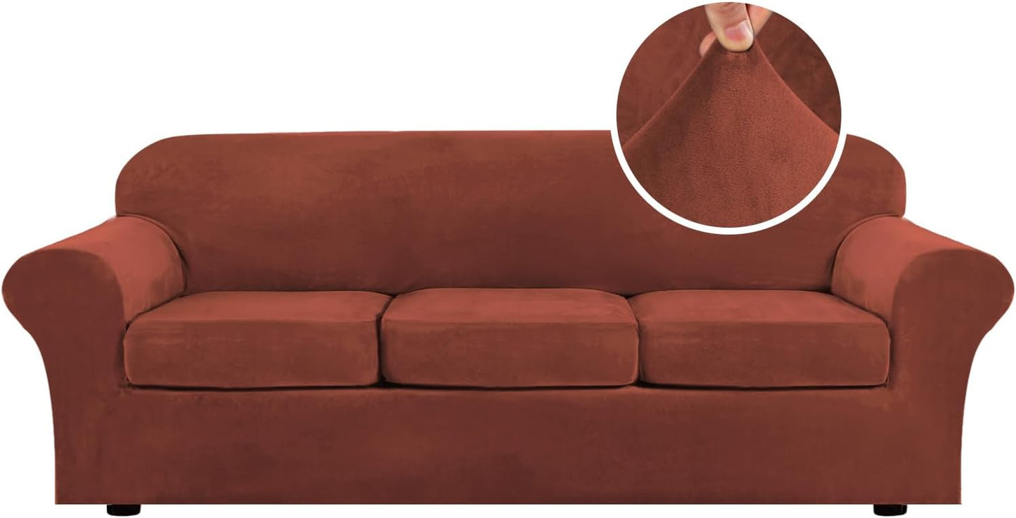 H.VERSAILTEX Modern Velvet Plush 4 Piece Sofa Slipcover XL Rust