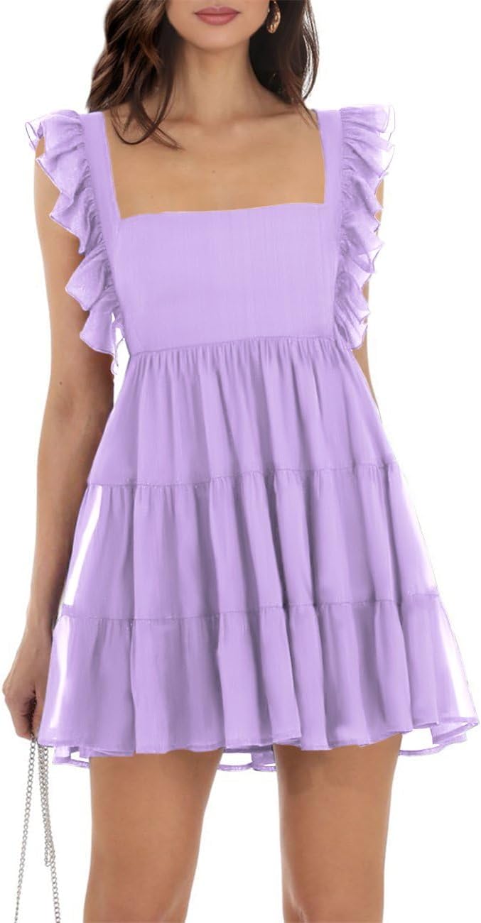 Womens Summer Square Neck Tie Back Ruffle Sleeve Mini Dress