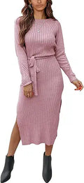 PRETTYGARDEN Ribbed Tie Waist Sweater Dress - Slim Midi