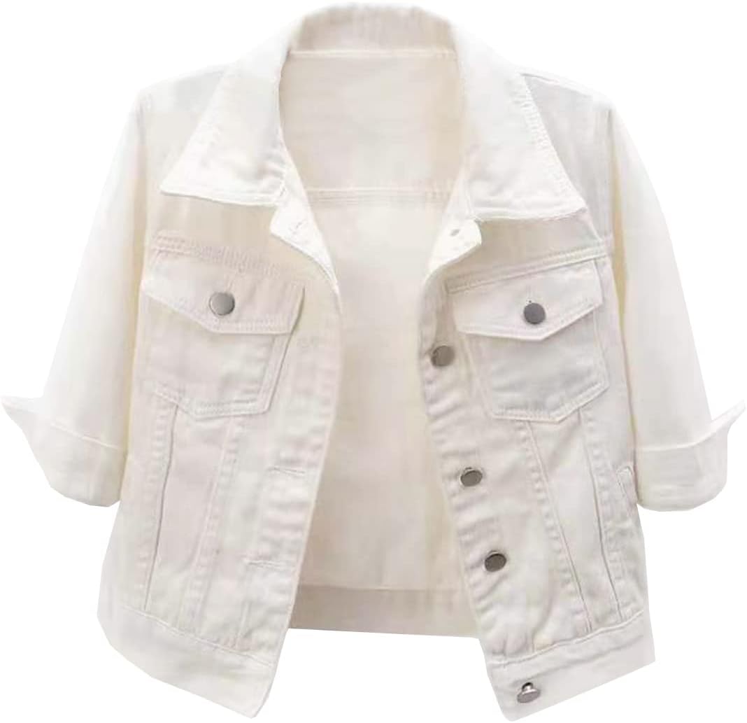 Locachy Womens 3/4 Sleeve Short Denim Jacket for Casual Style