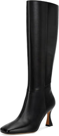 Black Leather Knee High Boots for Women - Chic Square Toe Kitten Heel