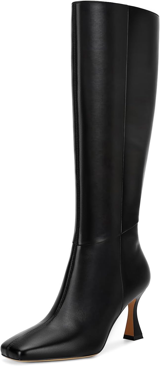Dsevht Black Leather Knee High Boots for Women with Zipper