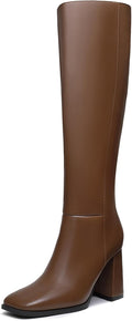 Women's Knee High Chunky Heel Boots with Side Zipper - Tall Square Toe