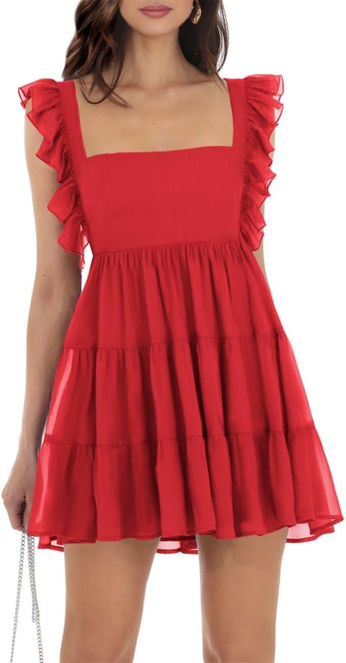 Womens Summer Square Neck Tie Back Ruffle Sleeve Mini Dress