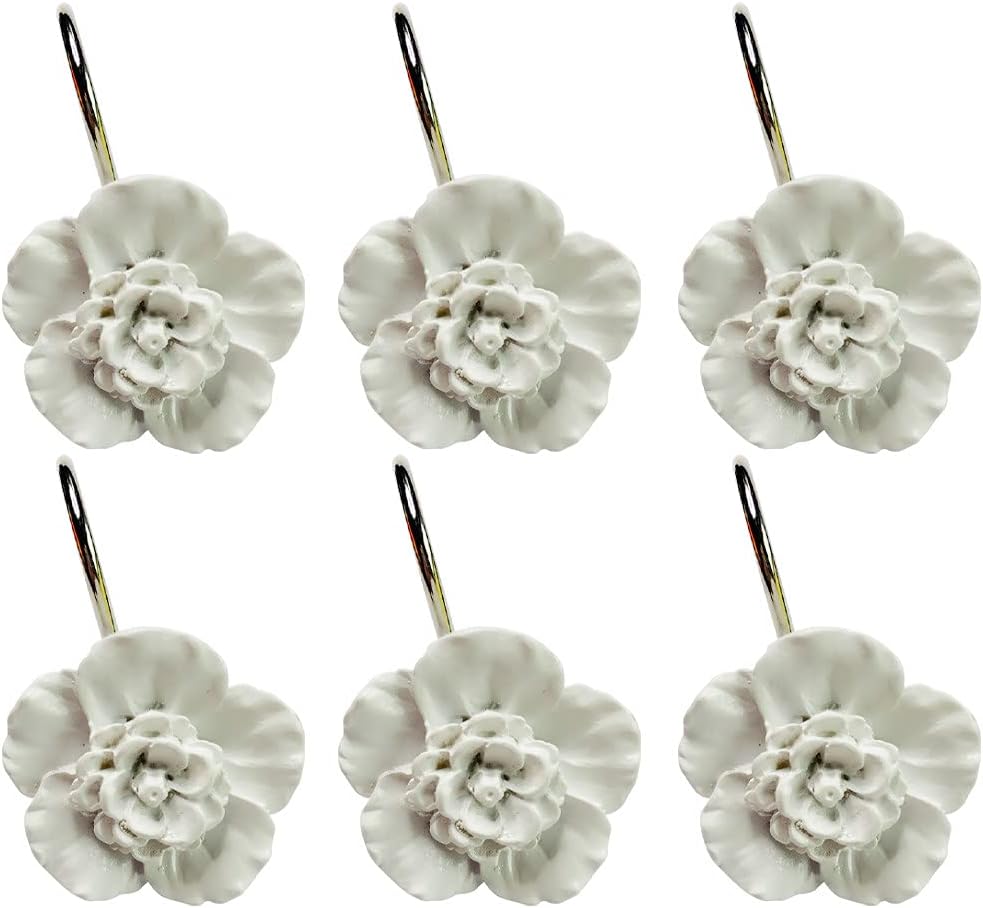 Rust-Proof White Flower Shower Curtain Hooks Set - Pack of 12