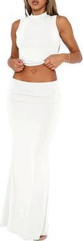 Skirt Sets Women 2 Piece Outfits - Sleek Sleeveless Crop and Fold-Over