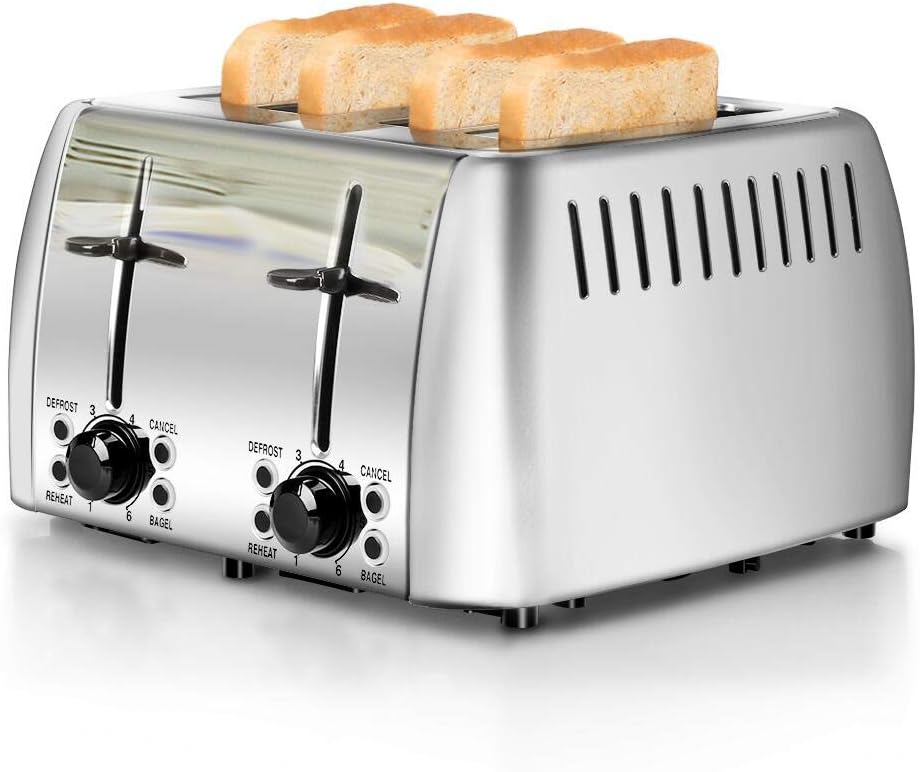 Stainless Steel 4 Slice Toaster with Extra Wide Slots and Functions