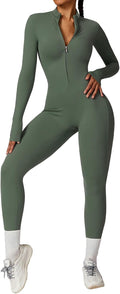 Women Long Sleeve Bodycon Jumpsuit Zip Up Unitard - Black