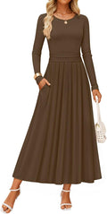 ZESICA Women's Elegant Long Sleeve Maxi Dress - Flowy Pleated Fall