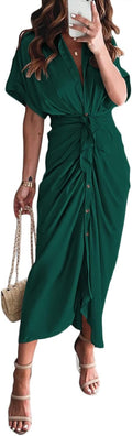 Satin Button Down Short Sleeve Maxi Shirt Dress for Women - Belted