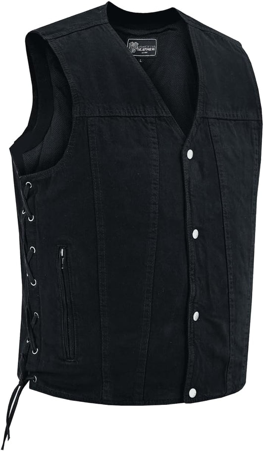 Vance Men's V-Neck Denim Vest for Motorcycle Riders with Pockets