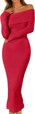 Women's Off Shoulder Bodycon Sweater Dress - Elegant Fall Midi Casual