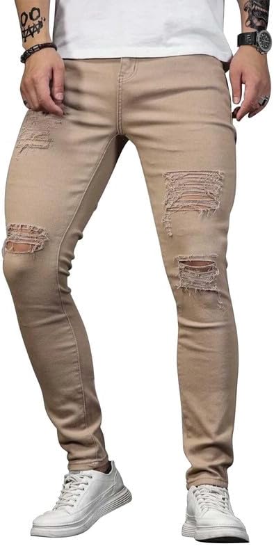 HUNGSON Men's Blue Slim Fit Jeans with Ripped Design and Stripes