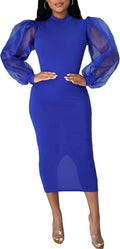 See Through Bodycon Midi Dress with Puff Lantern Sleeves - Sexy Ekaliy