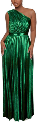 Metallic One Shoulder A-Line Maxi Dress for Women - Elegant Pleated