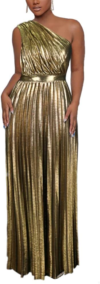 AOMEI Women's Luxury Metallic One Shoulder Elegant Dress
