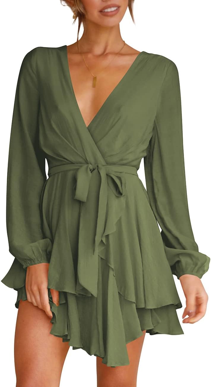 Cosonsen Women's Deep V-Neck Long Sleeve Mini Swing Dress