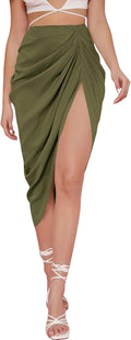 WDIRARA Women's Satin Split Thigh Ruched High Waist Midi Skirt
