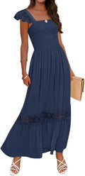 Women's White Lace Strap Smocked High Waist Maxi Dress - Flowy Summer