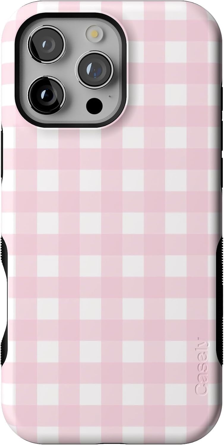 Bold Protective iPhone 16 Pro Case in Pink Plaid Design