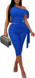 Vssjavun Women's 2 Piece One Shoulder Crop Top and Capri Set Shoes