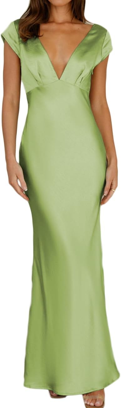 Halfisland Womens Summer Satin V Neck Cap Sleeve Maxi Dress