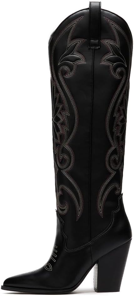 VOMIRA Knee High Cowboy Boots for Women with Chunky Heels