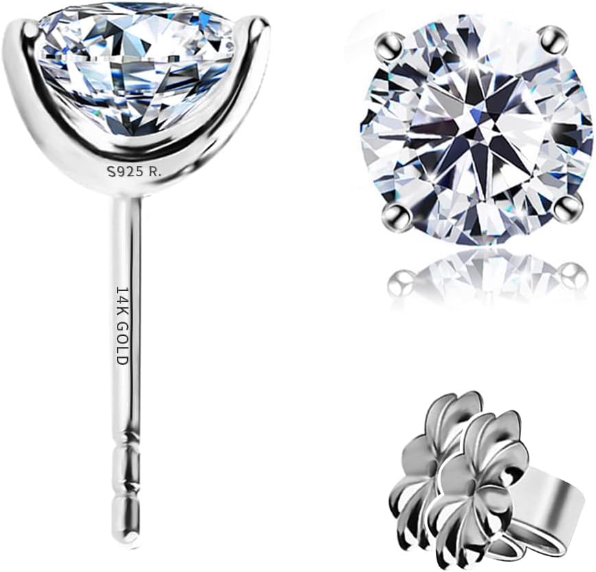Solid 14K Gold Post & Sterling Silver Round Cut CZ Earrings