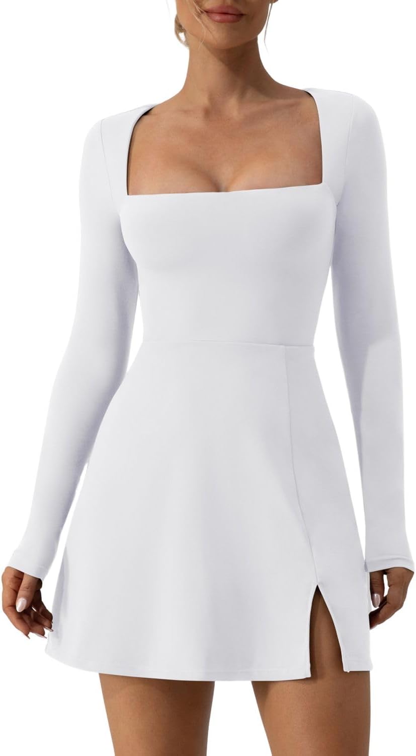 QINSEN Womens Square Neck Bodice Dress with Long Sleeves