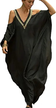 Bsubseach Turkish Cold Shoulder Kaftan Dress for Summer Style