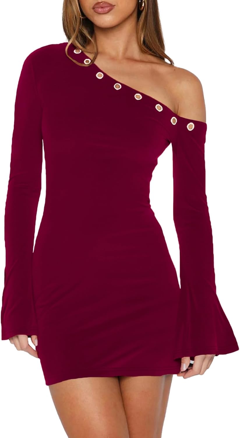Women's Fall Off The Shoulder Long Flared Sleeve Mini Dress