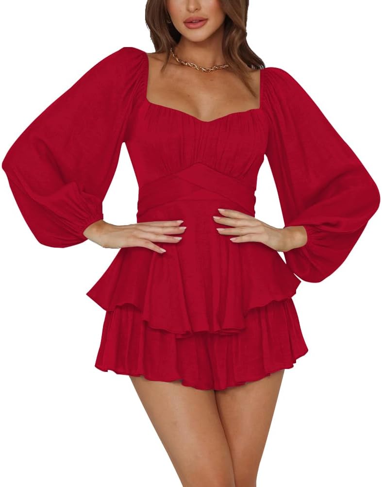 LYANER Women's Jumpsuit Lantern Long Sleeve Ruffle Romper