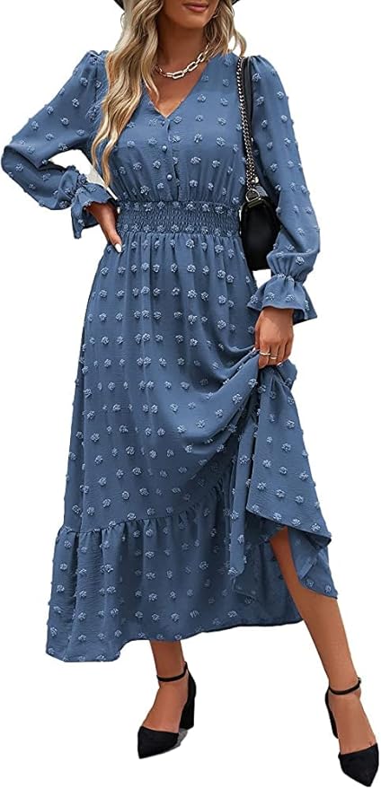 MASCOMODA Women Boho Maxi Dress for Fall with Ruffle Tiered Style